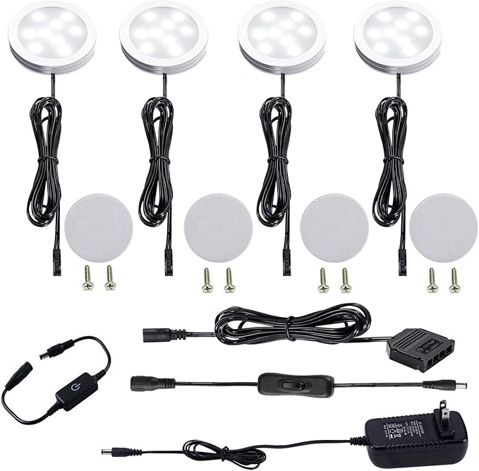 AIBOO Under Cabinet LED Puck Lights Kit with Touch Dimming Switch for Ambiance Atmosphere Night Lighting (4 Lights,Daylight White)