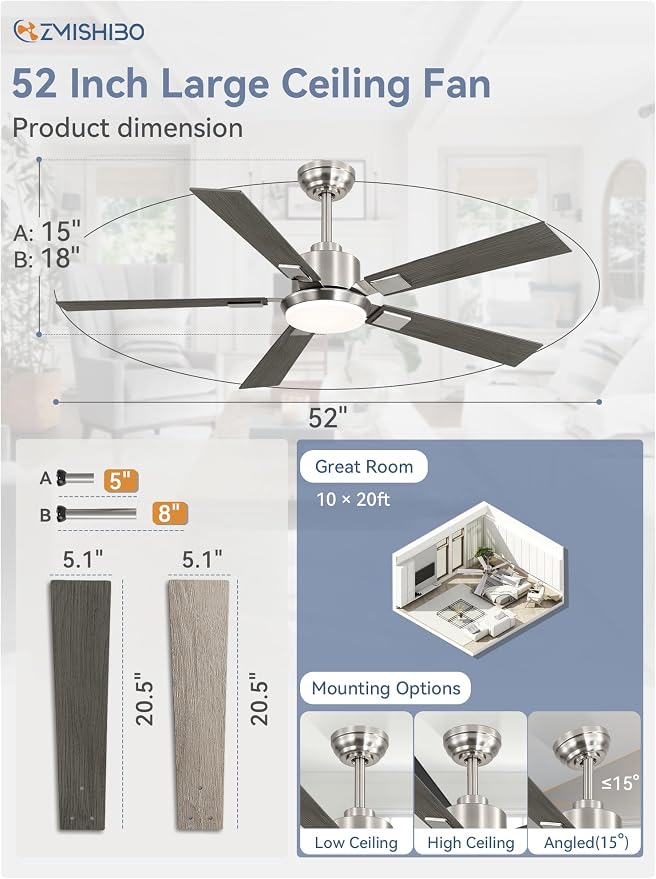 ZMISHIBO 52” Modern Ceiling Fan with Light, Remote Control, Brushed Nickel | High CFM Powerful Airflow, Quiet DC Motor, 3 CCT LED, Indoor/Covered Outdoor, Dual-Finish, Damp Rated