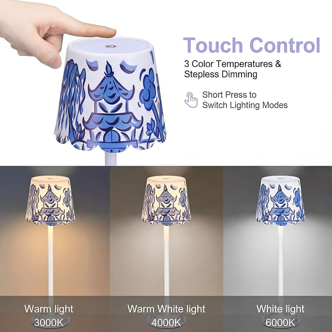 Pickmesh 1 Pack Chinoiserie Mahjong Lamp Scalloped Edge Chinoiserie LED Cordless Table Lamp 3 Color Modern Rechargeable Lamps for Mah Jong Table Living Room Nightstand Desk