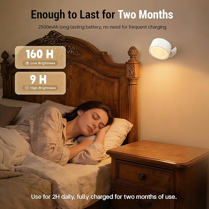 LED Wall Sconces, 160H Battery Life, Rechargeable Cordless Mounted Lights, 3 Color & 4 Brightness Level & 360°Rotate Magnetic Ball & Touch or Remote, for Reading Bedroom (White)