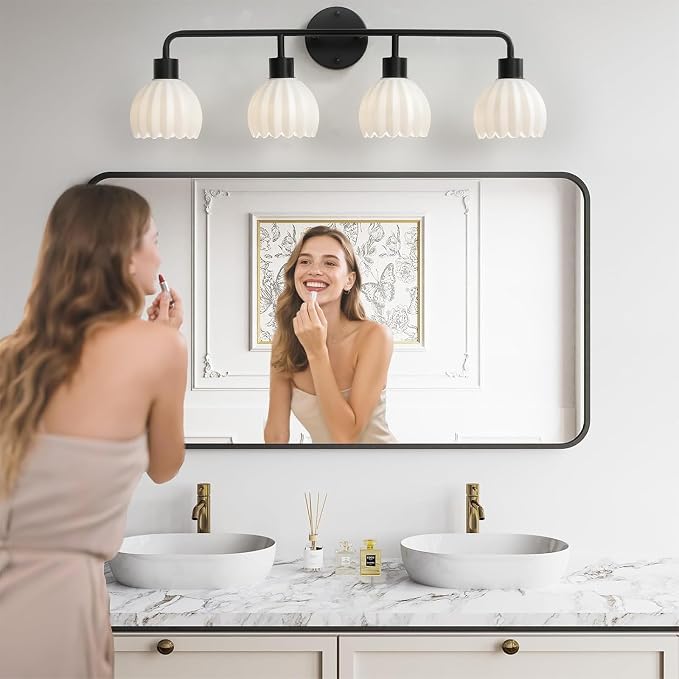 Black 4-Light Vanlity Light Over Mirror,Wall Sconces,Modern Bathroom Light Fixture with Milk White Glass Flower Shade,E26 Socket(Bulbs Not Included)