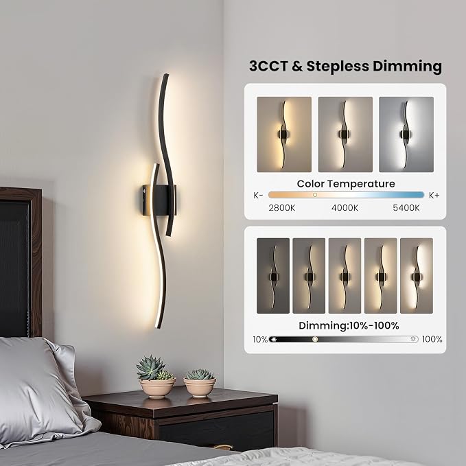 Black Battery Operated Wall Sconces: 39.3 Inch Rechargeable Sconce Set of Two with Remote Control/3 Colors/10-100% Dimming/Timer, Modern Wall Lighting for Bedroom Living Room Hallway Bathroom, 2 Pcs