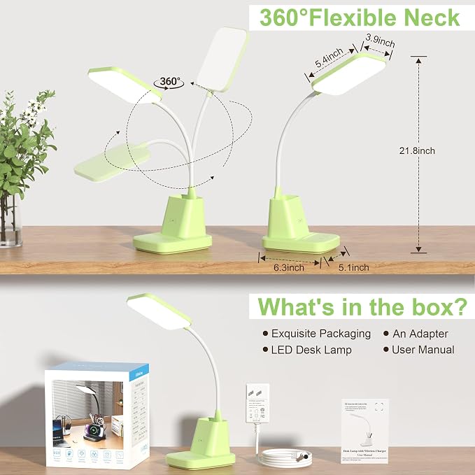 LED Desk Lamp with 10W Wireless Charging & Pen Holder, Light Green | CRI 95, 800LM, Stepless Dimming, 3 Modes, 360°Flexible Arm, Touch, Study Table Lamp for Home Office, Dorm Room, with Adapter