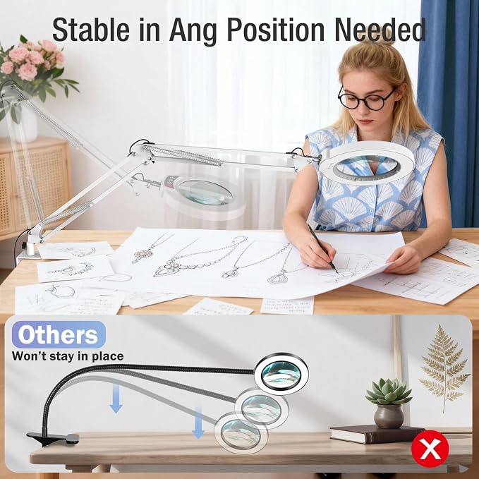 10X Magnifying Glass with Light and Clamp, Real Glass Stand Lighted Magnifier, 2*16 Arm 5 Color Modes Stepless Dimmable LED Desk Lamp Hands Free for Craft Hobby Reading Painting Close Work Large White