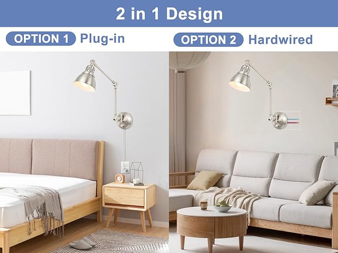 2 Pack Plug in Wall Sconces, Dimmable On Off Switch, Swing Arm Wall Lamps, Wall Sconces Set of Two, Brushed Nickel Metal Industrial, Plug-in or Hardwired (Brushed Nickel, without Bulbs+Remote)