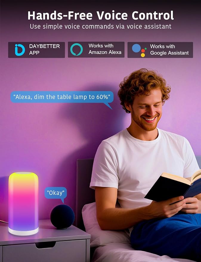 DAYBETTER BGRIC Smart Bedside Lamps, Touch Lamps for Nightstand, LED Lamp Compatible with Alexa and Google Home, Color Changing Lamp for Bedroom Living Room,70+ Scene Mode (Only for 2.4GHz WiFi)