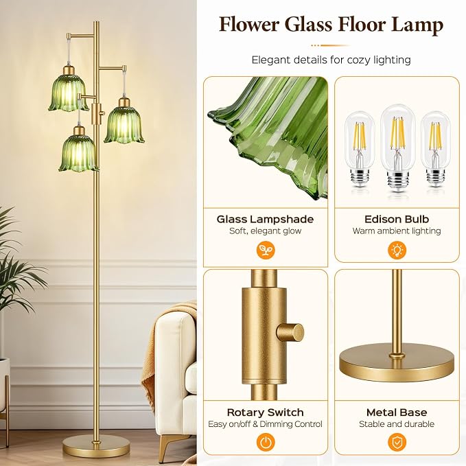 Dimmable Flower Floor Lamp, 3 x 900LM LED Bulbs Included, Modern | 70" Gold Tree Standing Lamp, 3 Lights Elegant Green Glass Flower Shade, Vintage Floor Lamps for Living Room, Bedroom, Office