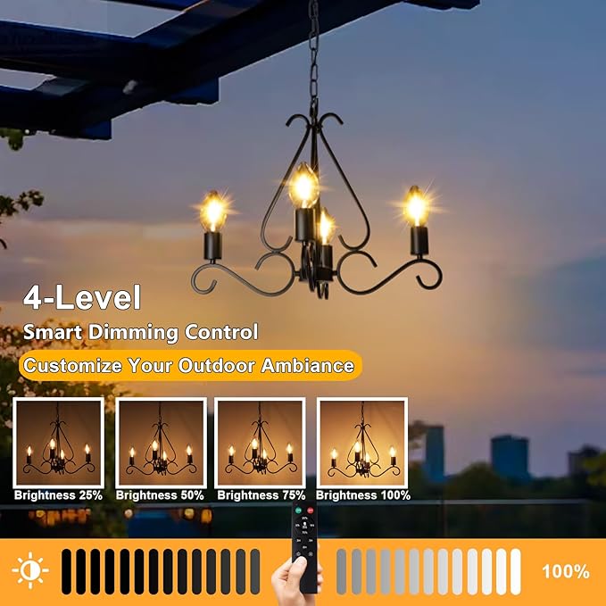 Solar Chandelier Outdoor, 4-Lights 23" Rustic Farmhouse Industrial Iron Chandeliers Waterproof Dimmable Hanging Pendant Lights for Gazebo, Pergola, Canopy, Tent Decor