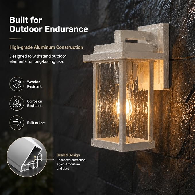 White Outdoor Wall Light Fixtures with Water Ripple Glass, 2-Pack