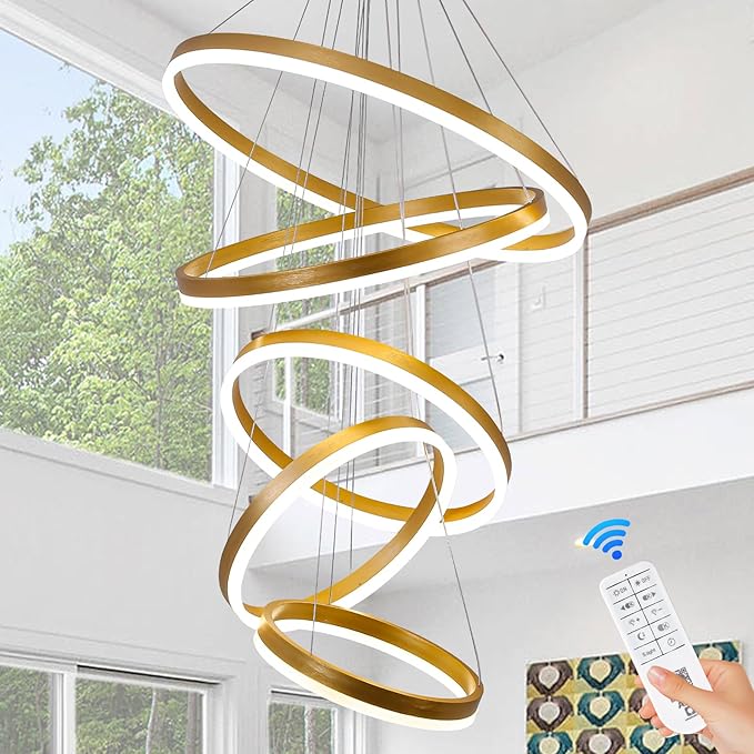5-Rings Modern LED Chandelier Gold Dimmable High Ceiling Chandelier for Dining Room with Remote Control for Foyer Living Room Entryway Staircase(D23.6’’, 3000K-6500K)