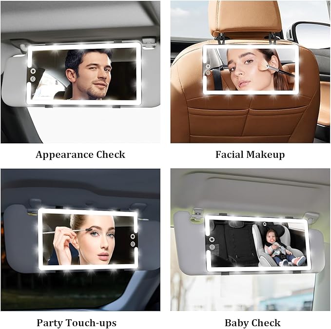 Led Sun Visor Vanity Mirror, Upgraded Large Car Mirrors with Lights, Dimmable Light up Vanity Makeup Mirror for Car,Rechargeable Universal Rear View Visor Mirrors