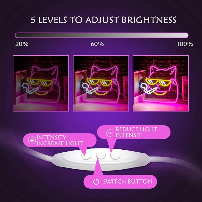 Smoking Cat Neon Sign, Dimmable Cool Cat LED Wall Light for Cat Lovers | USB Powered Cat Neon Light for Gamer Room, Man Cave, Bedroom, Bar Decor, Funny Cat Gifts for Cat Lovers