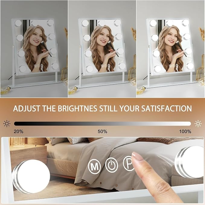 FENCHILIN Vanity Mirror with Light Lighted Makeup Mirror Vanity Smart Touch Control 3Colors Dimmable Detachable 10X Magnification Tabletop 360°Rotation(White)