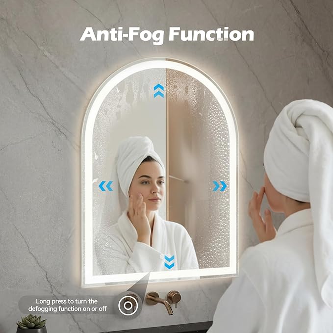 DUMOS 24"×32" LED Bathroom Mirror with Lights, Arched Vanity Mirror with Anti-Fog, Dimmable, 3-Color Light, Memory Function, Tempered Glass