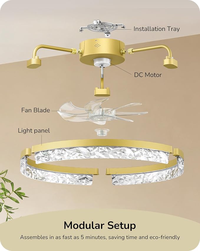 EDISHINE Ceiling Fans with Lights, 20'' Low Profile Flush Mount Fandelier | 3000-6000K Dimmable, 6 Speeds, App & Remote Control, DC Motor, LED Modern Bladeless Fan Light for Bedroom, Gold