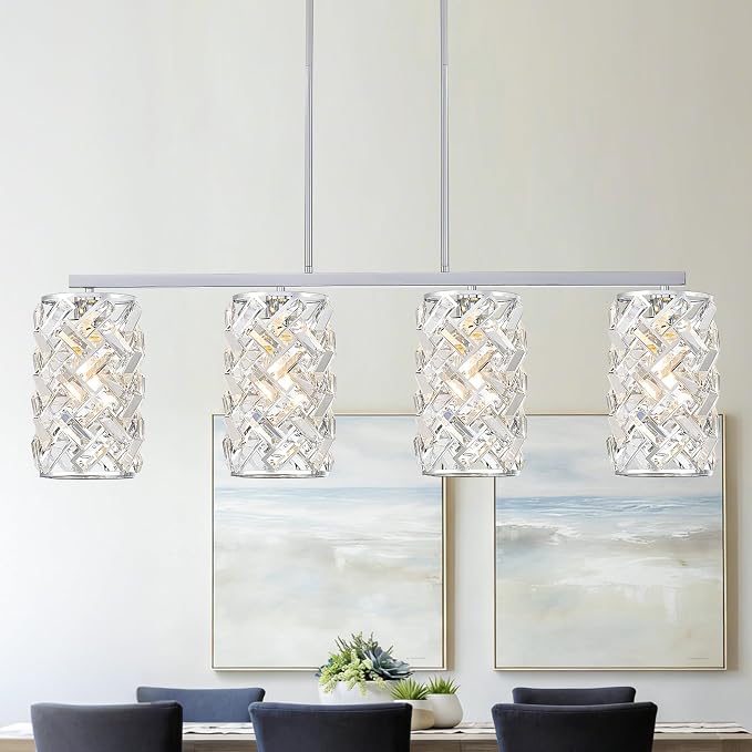 40" Chrome Crystal Linear Chandelier, 4-Light Kitchen Island Pendant | 40-inch chrome crystal linear chandelier with adjustable height, 4 E26 lights, dimmable for kitchen islands and dining rooms