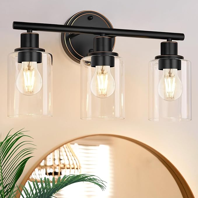 Oil Rubbed Bronze 3-Light Bathroom Vanity Light Fixture Over Mirror, 3-Light Oil Rubbed Bronze Vanity Lights for Bathroom Three Bulb Wall Sconce Over Sink