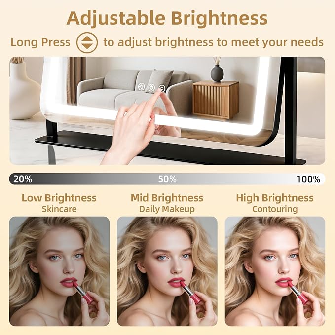 Vanity Mirror with Lights 22"x17", Lighted Makeup Mirror with 10X Magnification, 3 Color Dimmble Lights, Touch Control, 360° Rotation, Metal Frame, Women's Gift, For Bedroom/Dressing Room, Black