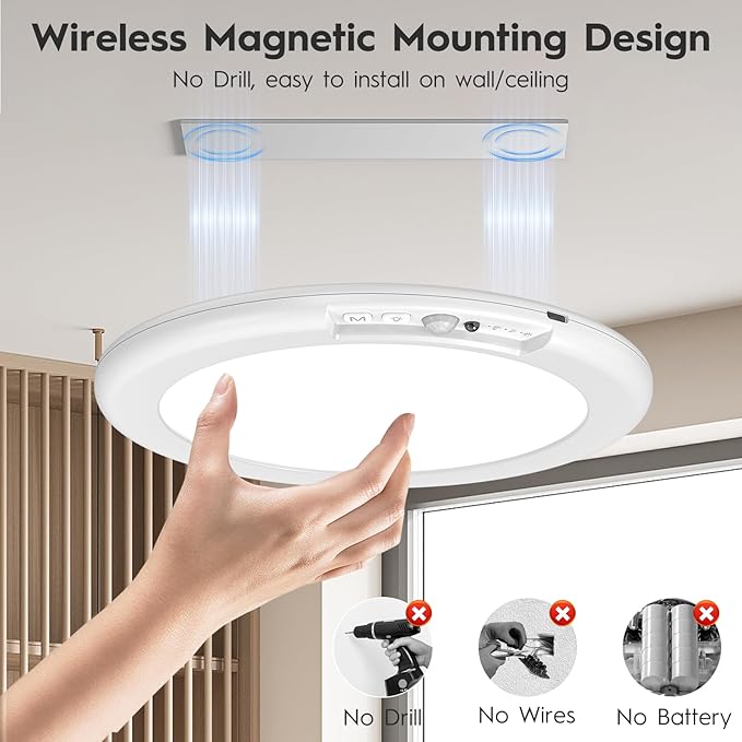 2 Pack Rechargeable Motion Sensor Ceiling Light, Wireless Ceiling Lights Battery Operated Closet Light with Remote, 500LM 3000K/4500K/6500K, 0.55″ Ultra Thin Lights for Bathroom Hallway Pantry