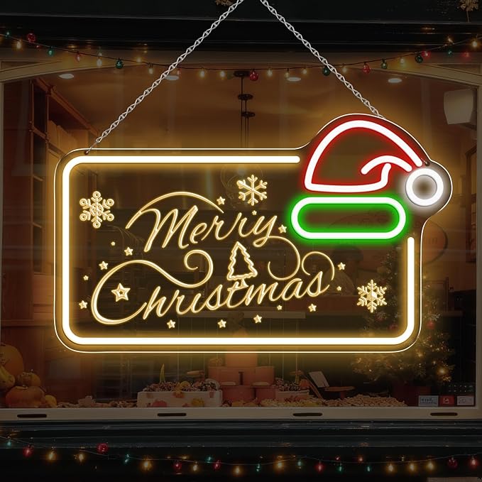 16.5 x 10’’ Merry Christmas Neon Sign, Carving LED Sign with Santa Hat, USB Powered Dimmable Switch for Xmas Party Kids Bedroom Bar Pub Club-Christmas Gift Decorations