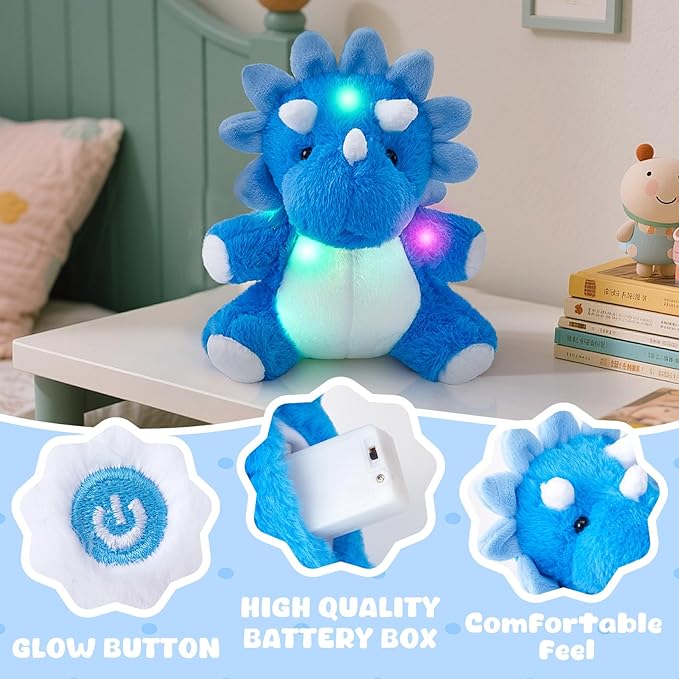Glow Guards 12'' Light up Triceratops Dinosaur Stuffed Animal,LED Soft Dinosaur Plush Toy with Magic Night Lights&Lullaby,Birthday Children's Day for Toddler Kids (Blue, LED)