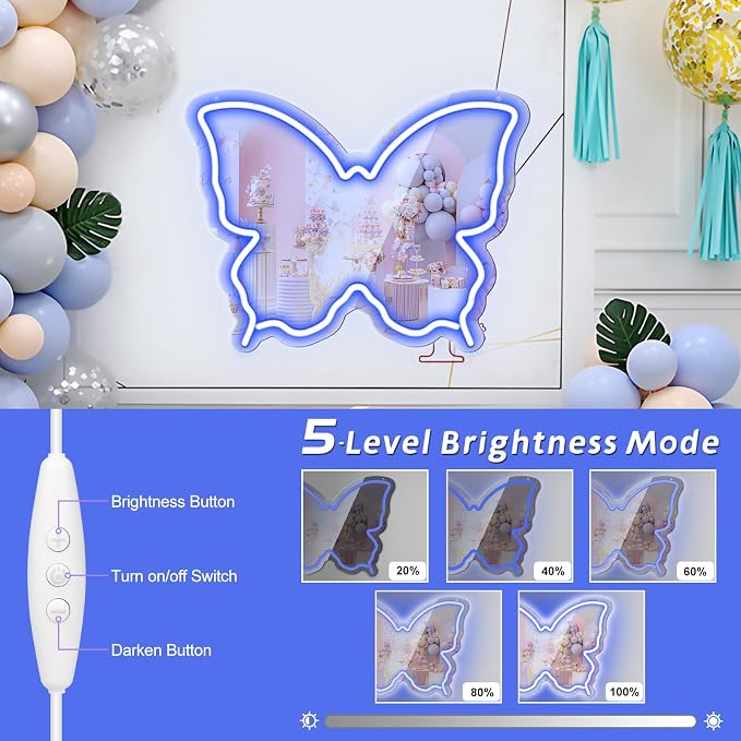 Butterfly Neon Sign Mirror, Neon Sign for Wall Decor, LED Butterfly Light with Dimmable Brightness, 15.7" x 12" Mirror Neon Sign for Girls Room, Teen Bedroom Decor, Birthday Party Gift, USB Powered Blue