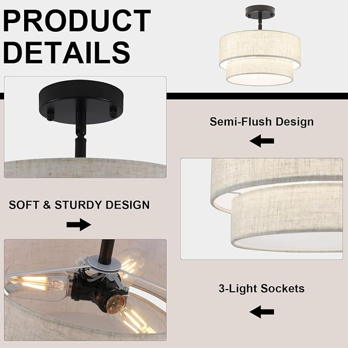 3-Light Semi Flush Mount Ceiling Light, 12.6 Inch Drum Black Chandelier Fabric Metal Kitchen Light Fixture, Dimmable Dining Room Light Fixture E26 Base Chandeliers for Living Room Bedroom