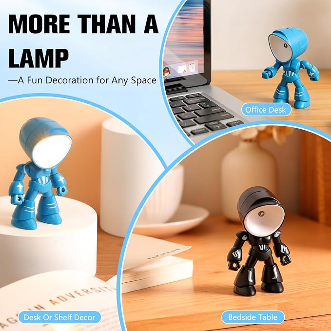 Mini Night Light, Posable Cartoon Cute Robot Companion Table Light, Bedside Reading Table Lamp for Desk Decor, Bedroom, Office (Black)