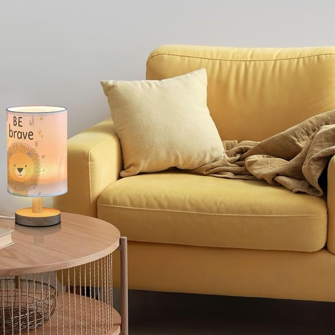 Be Brave Cute Lion Positive Inspirational Bedside Table Lamps with USB Port for Bedroom LampSmall Nightstand Lamp Sturdy Linen Shade Wooden Base Decorative Lamps for Nursery Kids Reading Dorm Home