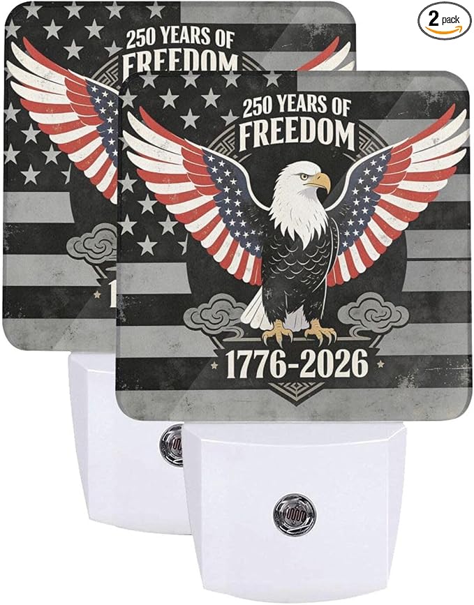 250 Years Anniversary of USA Night Light Set of 2, Patriotic Eagle Auto Sensor LED Dusk-to-Dawn Nightlights, Plug-in Sensor Lamp for Bedroom Bathroom Kitchen Hallway Stairs Decorative