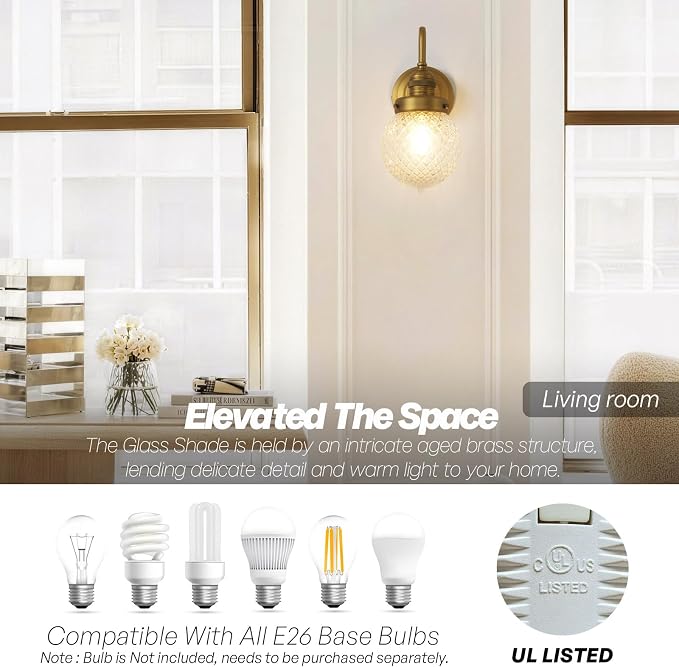 Brass Gold Wall Sconce Clear Glass Bathroom Vanity Light | Vintage,Hardwired Indoor,Aged Brass Finish,Hand-Blown Thick Glass,for Bathroom Mirror Kitchen Hallway,UL-Listed E26 Socket