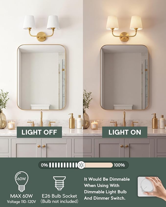 2-Light Brushed Gold Bathroom Vanity Light, Pleated Fabric Shade | 17" 2-light gold double wall sconce with white pleated fabric shades, E26 bulbs, hardwired, upward only, VL837-BG-Z-2