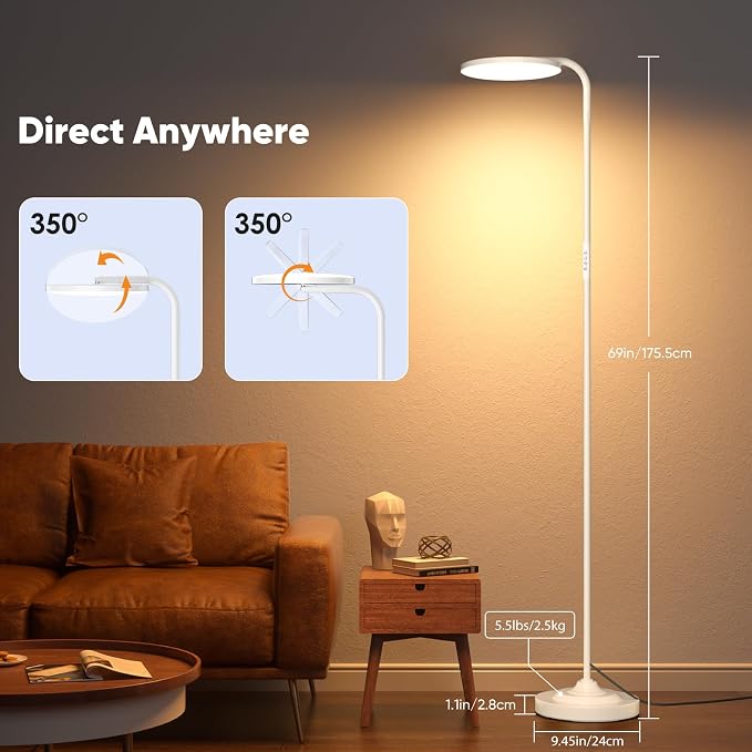 36W LED Floor Lamp, Super Bright Standing Lamp, Modern Stepless Dimmable Torchiere Tall Lamp with Remote Control, 350°Rotating Head Reading Floor Lamp for Living Room, Bedroom, Office