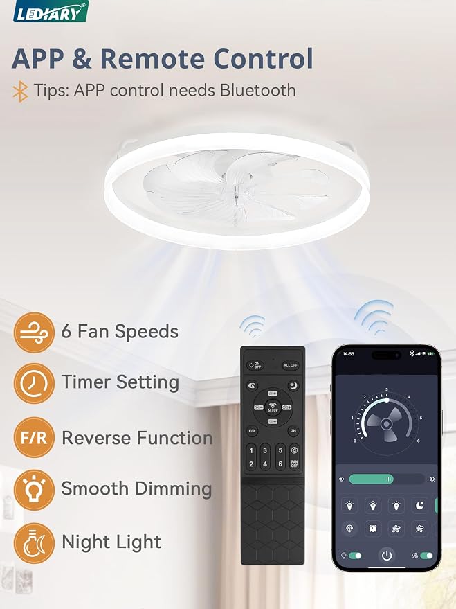 LEDIARY 23" Low Profile Ceiling Fans with Lights, APP & Remote, White | Flush Mount, Dimmable LED, Quiet DC Motor, Reversible, 6 Speeds, Fandelier, for Bedroom