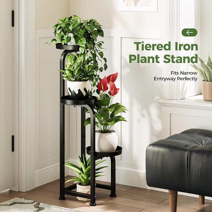 Bamworld Tall Plant Stand Indoor Outdoor Corner Metal Flower Pot Stands | 3 Tier Black Heavy Duty Plant Shelf for Patio Garden Balcony Living Room Bedroom(Patent Design)