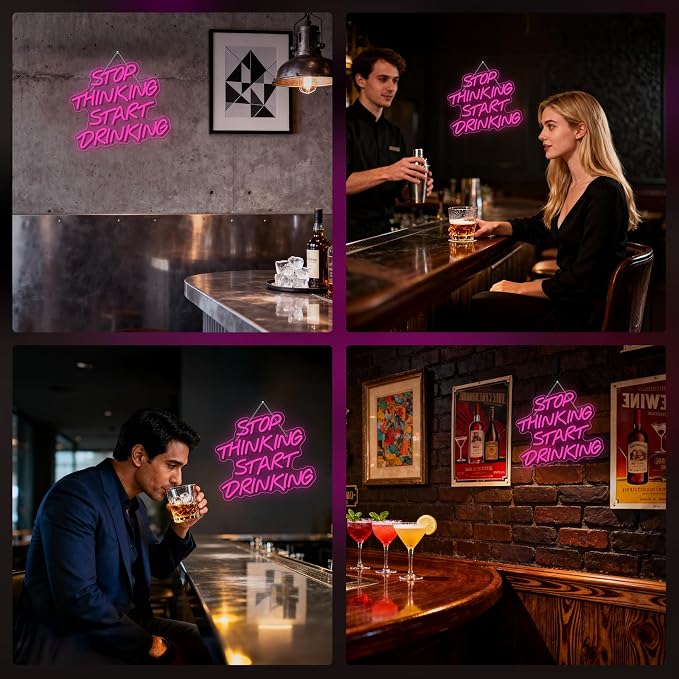Stop Thinking Start Drinking Neon Sign Pink Led Neon Signs Letter Neon Lights Neon Bar Signs for Wall Decor USB Light Up Sign Neon for Home Bar Man Cave Party Club Restaurant