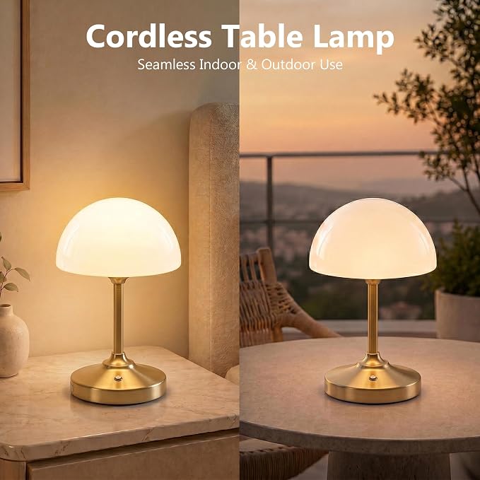 Table Lamp Cordless Lamp,5000mAh Rechargeble Battery Operated Lamp | Small Bedside Desk Lamp 11.02" with Glass Shade 3-Way Dimmable Portable LED Table Light,for Outdoor,Dinner,Patio(Gold)
