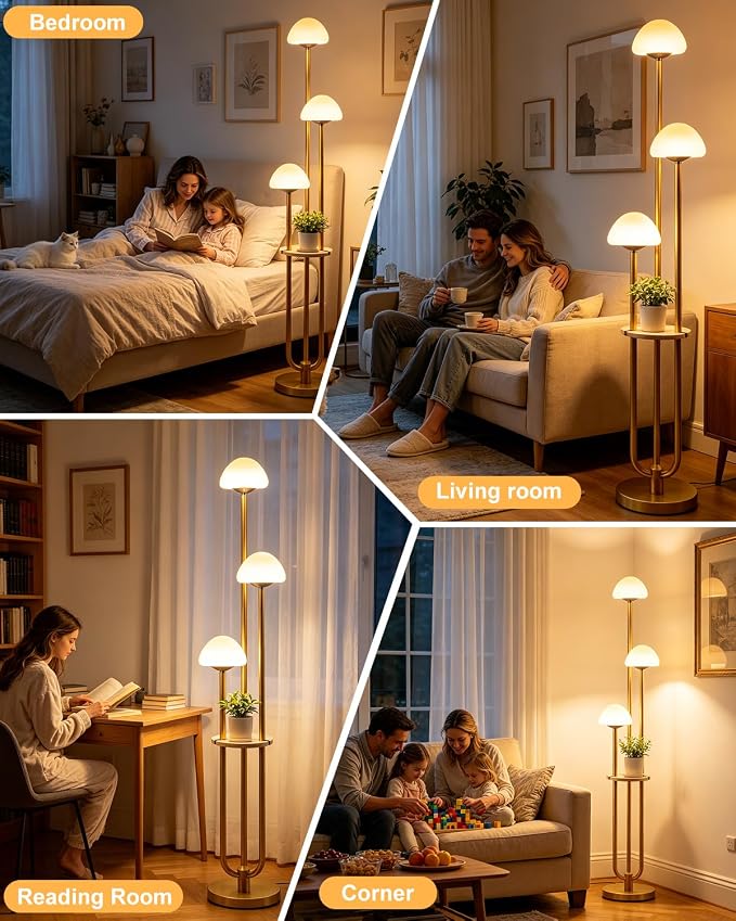 Gold Dimmable Floor Lamp with Table Modern Floor Lamps with 5Lbs Heavy Base for Living Room 3000K Tall Standing Lamp with Mushroom Shades & Bulbs Included for Bedroom/Office//Sofa Beside/Corner Decor