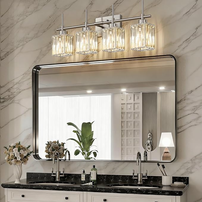 Torondo Modern Crystal Bathroom Vanity Light 4-Light Brushed Nickel Bathroom Light Fixtures Over Mirror Vanity Lighting Fixtures Square Shade Wall Sconce (Bulbs Not Include)