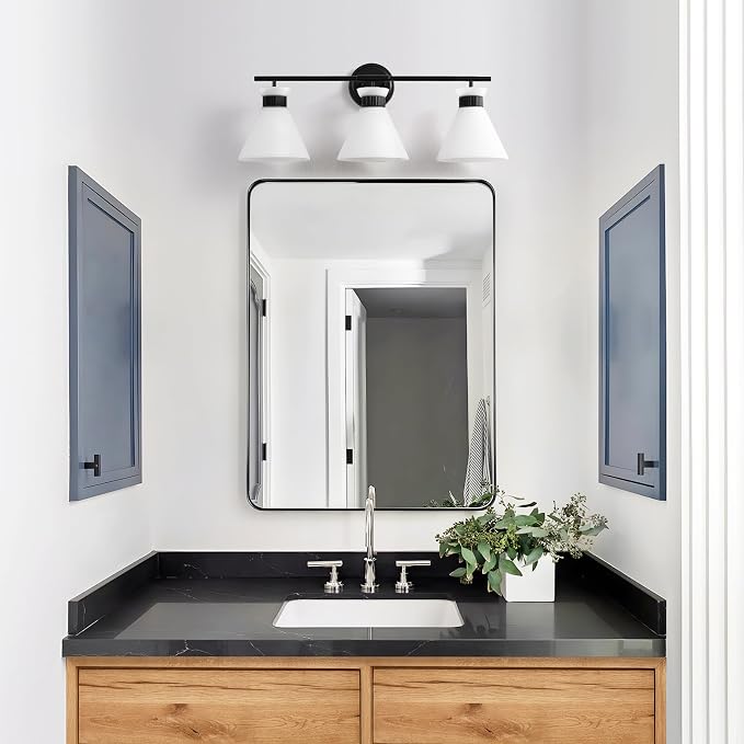 Black Bathroom Vanity Light Fixtures: Vanity Lighting Fixtures over Mirror 23.4 inch with Milky White Frosted Glass, 3-Lights Farmhouse Vintage Vanity Lighting Bathroom Wall Light(Exclude Bulb)