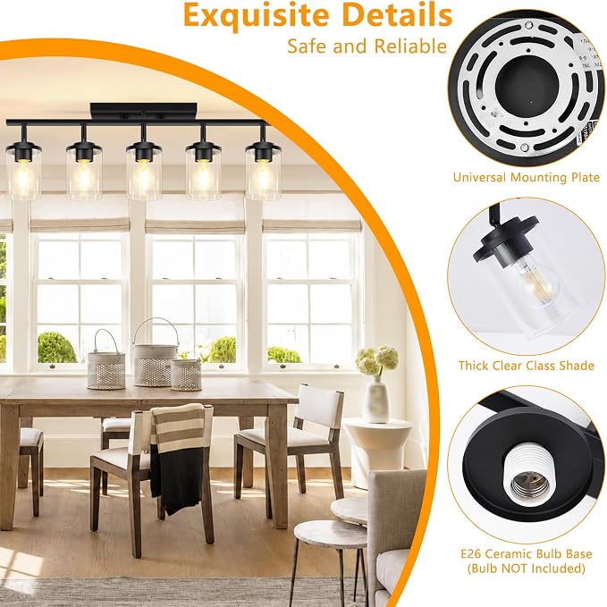FadimiKoo 5-Lights Black Semi Flush Mount Ceiling Light Fixtures, Modern Clear Glass Shade Farmhouse Kitchen Ceiling Lamp, Adjustable Rotatable Vanity Light Fixture for Hallway Entryway Dining Room