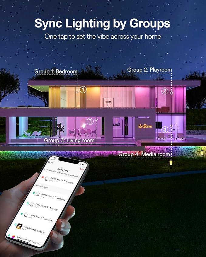 Lumary Smart Recessed Lighting 4 Inch, RGBWW Canless Slim Wafer Lights 9W | 780LM, Supports Lumary Dimmer Switch, BT Remote Control, Work with Alexa & Google Assistant, Custom Scenes, ETL, 4Pack