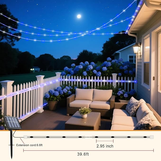 33FT 135 LED Solar Rope Lights Outdoor Waterproof, Blue and White Solar String Lights for Outside 8 Modes, Solar Powered Fairy Light for Camping Patio Garden Fence Trampoline Holiday Decorations