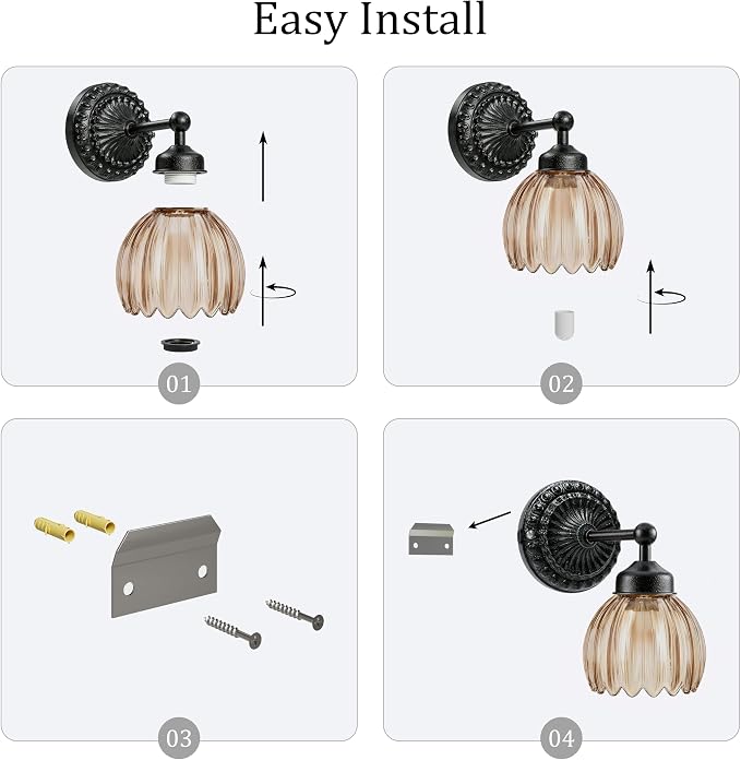 Battery Operated Wall Sconce, Vintage Wall Light, 2 Pack, Amber Tulip Glass | Black Metal Base, 5200mAh Rechargeable, Dimmable LED, Remote Control, Cordless, Bedside, Bedroom, Doorway, Living Room