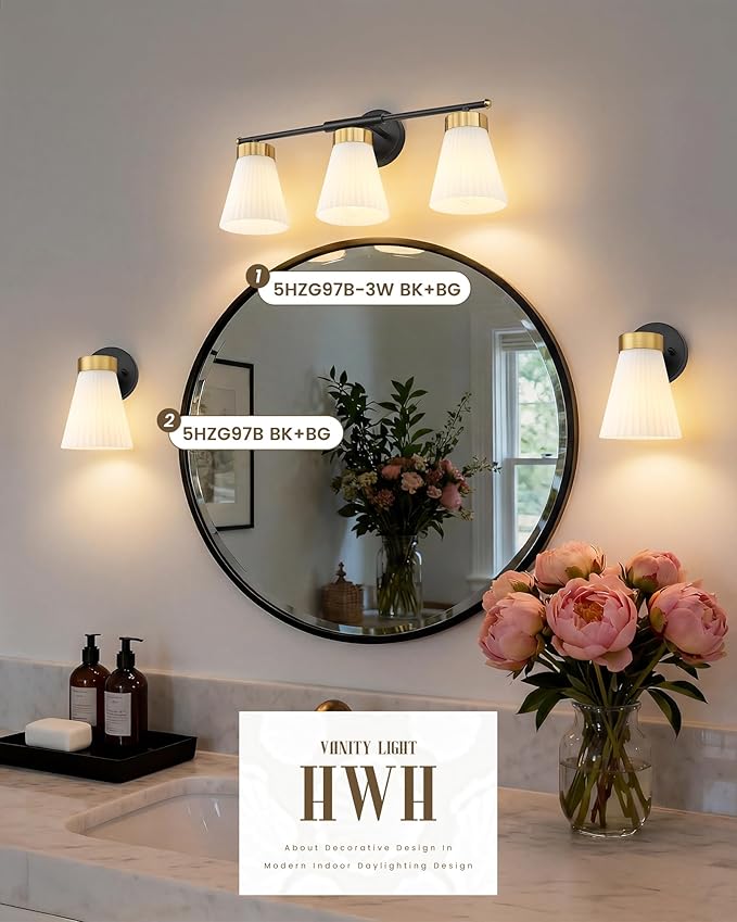 Bathroom Vanity Light, HWH 3-Light Wall Light Fixture for Bathroom Bedroom, Black and Gold Vanity Lights with Frosted Milk White Striped Glass, 5HZG97B-3W BK+BG