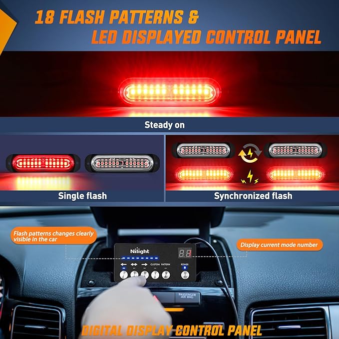 Nilight 8PCS Led Strobe Lights with Controller 12V 24V Sync Feature Red Strobe Light 12 LED Surface Mount Emergency Hazard Warning Lights with Strobe Controller for Vehicle Car Truck RV ATV