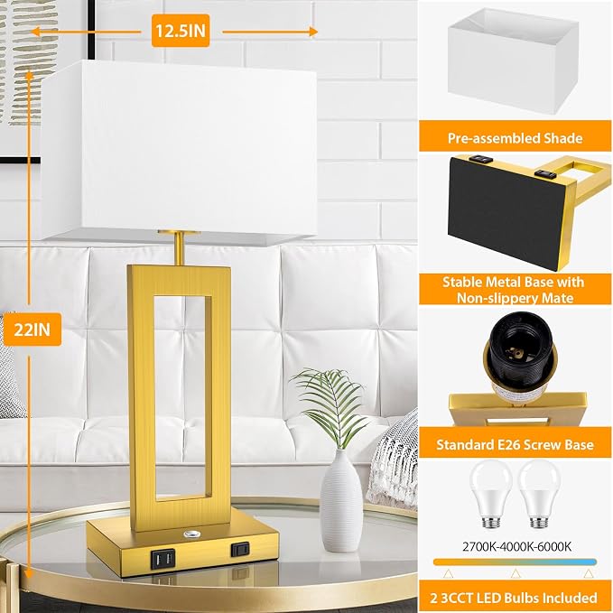 22’’ Touch Control Table Lamps Set of 2, 3 Color Temperatures Bedroom Bedside Lamps, Modern Gold Dimmable Lamps with USB Ports & AC Outlet, Tall Living Room Lamps for Nightstand End Table, 2 Bulbs