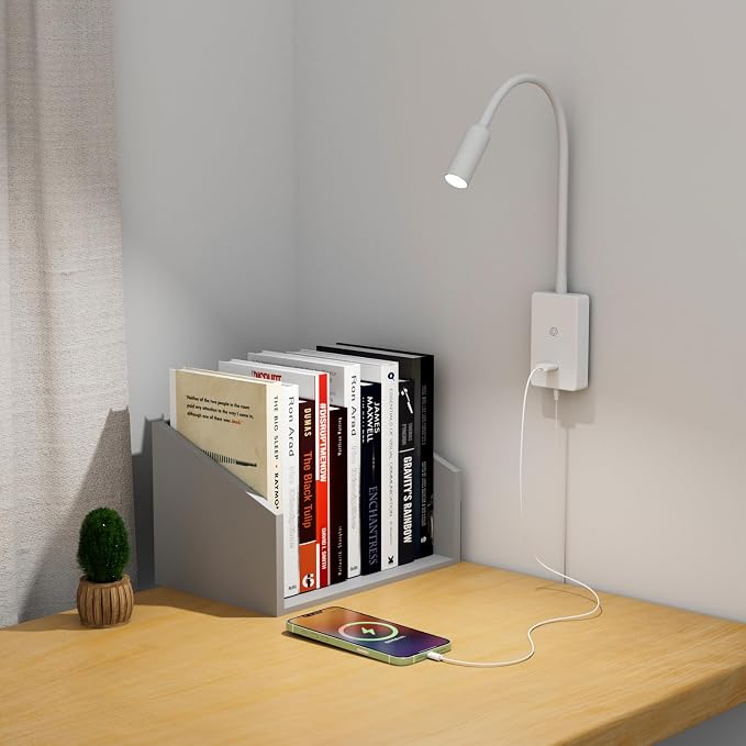 ENUOTEK LED Wall Mounted Reading Light, Bedside Book Lights with Wireless Remote Control for Bed, Flexible Bedroom Spot Lamp, Dimmable Neutral White 4000K Lighting, Timer Function, 5V 2A USB Output