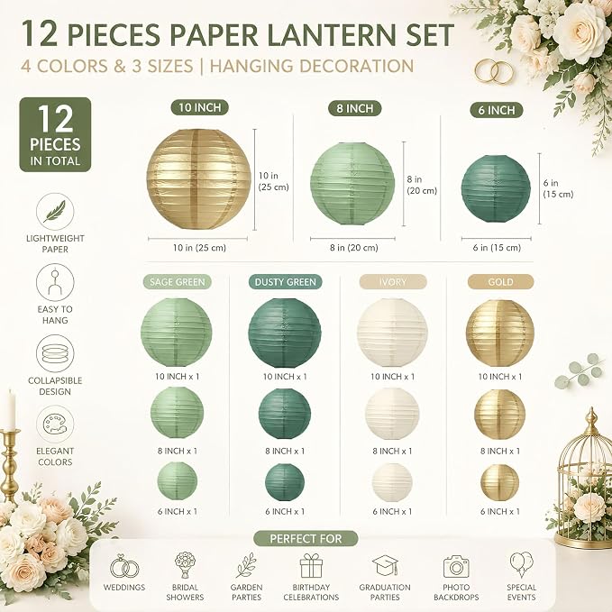 Boho Paper Lanterns Set of 12, 6/8/10 Inch Sage Green, Gold & Cream Hanging Decor for Wedding, Bridal Shower & Party