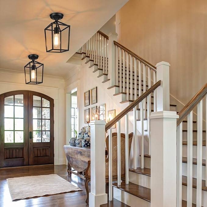 2-Pack Farmhouse Semi Flush Mount Ceiling Light Fixtures, Black | Rustproof Metal Frame, Industrial Open Design, Easy to Clean, E26 Bulb Compatible, Ideal for Hallway, Entryway & Laundry